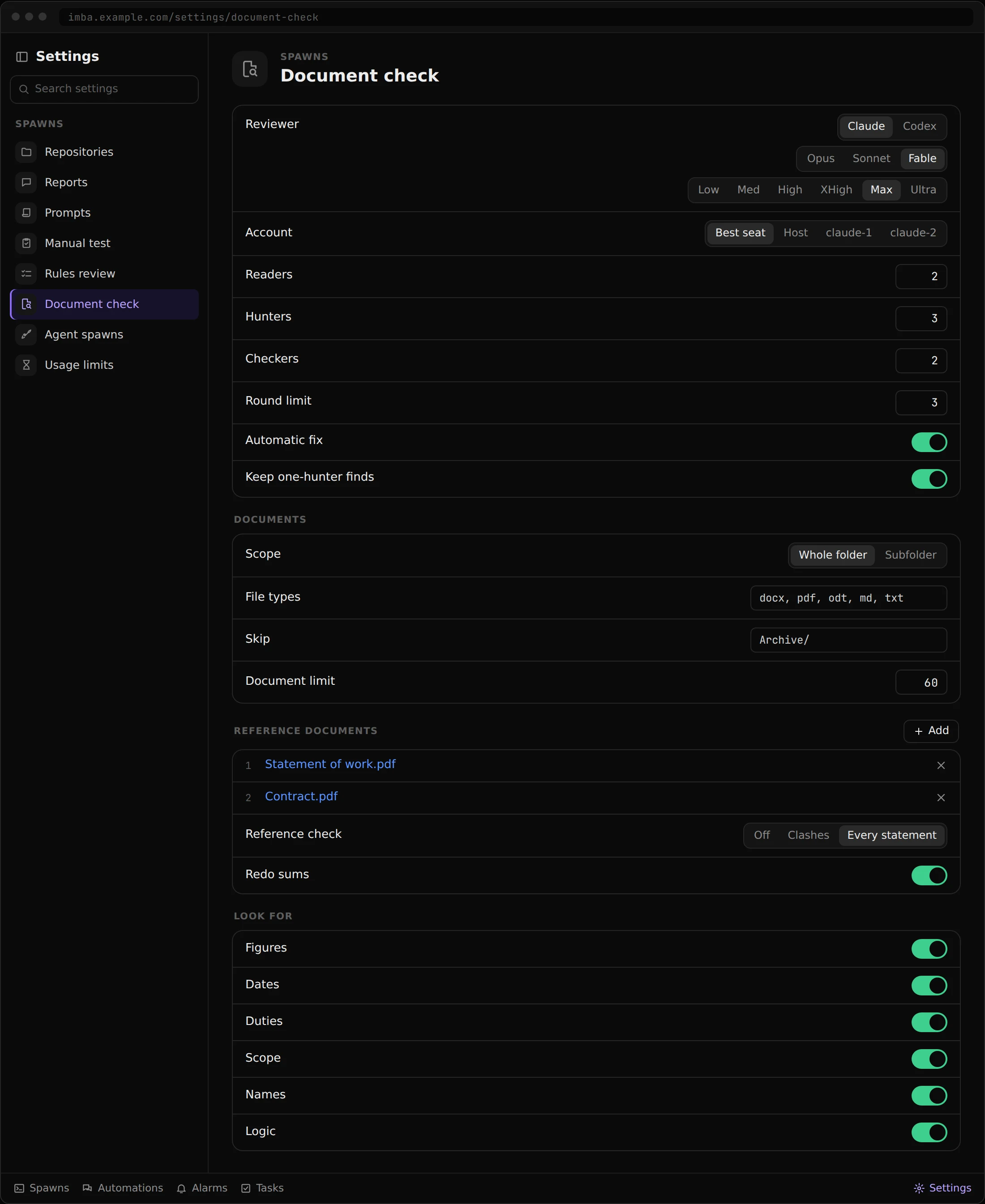 Settings, Document check, on a desktop