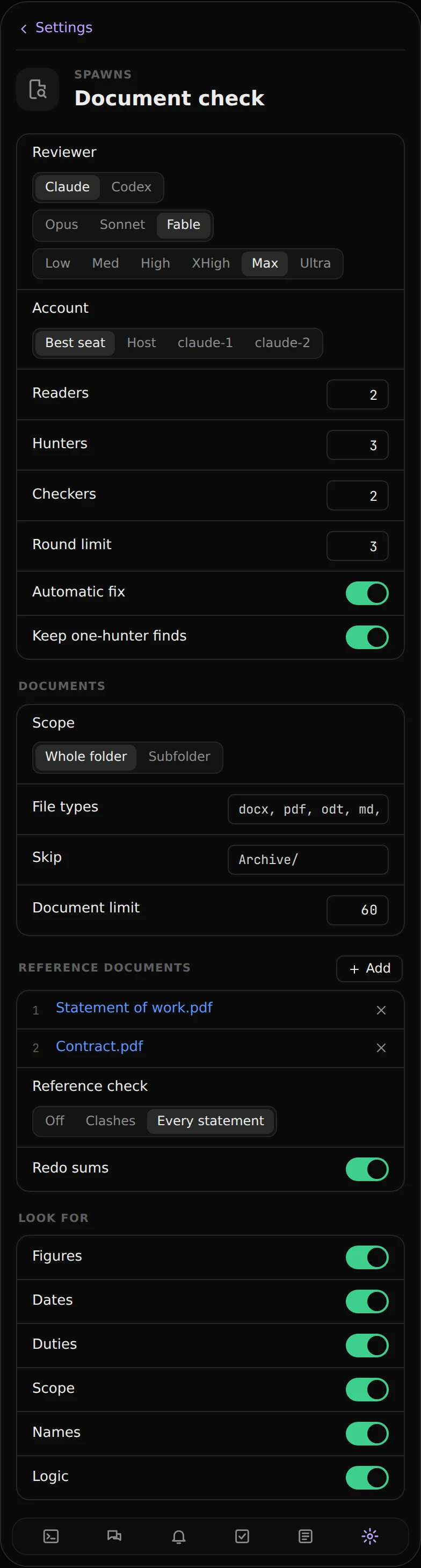 Settings, Document check, on a phone